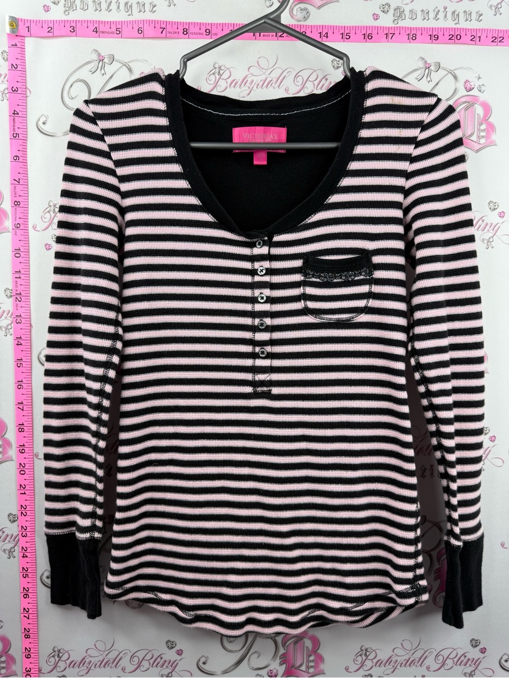 Victoria's Secret rare pink label waffle Pink Black Striped Long-Sleeve sparkly